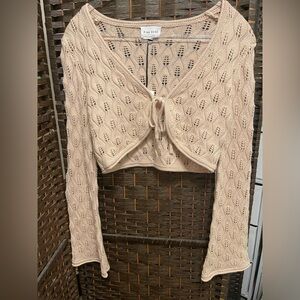 Pink Rose Beige Leaf Pattern Tie Front Cardigan